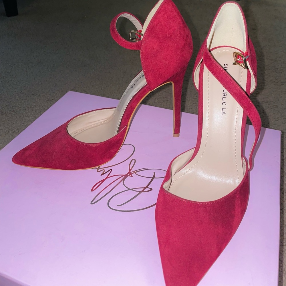 Deep rich red pointed toe heels with ankle strap